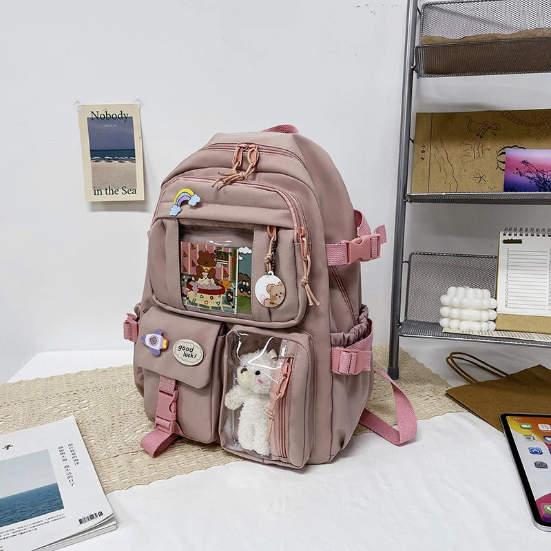 Cute Women’s Waterproof Nylon Backpack – Multi-Pocket Kawaii School Bag, Laptop & Book Pack for Girls, Stylish Student Travel Backpack