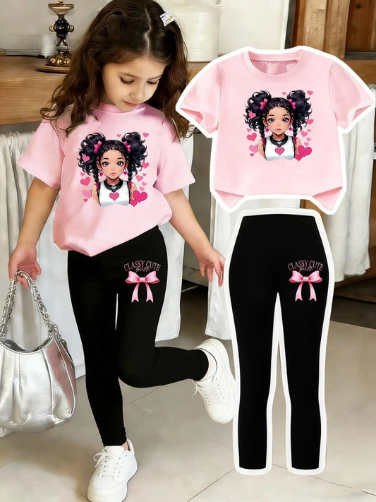 Girls’ Bow Print Top & Black Leggings Set