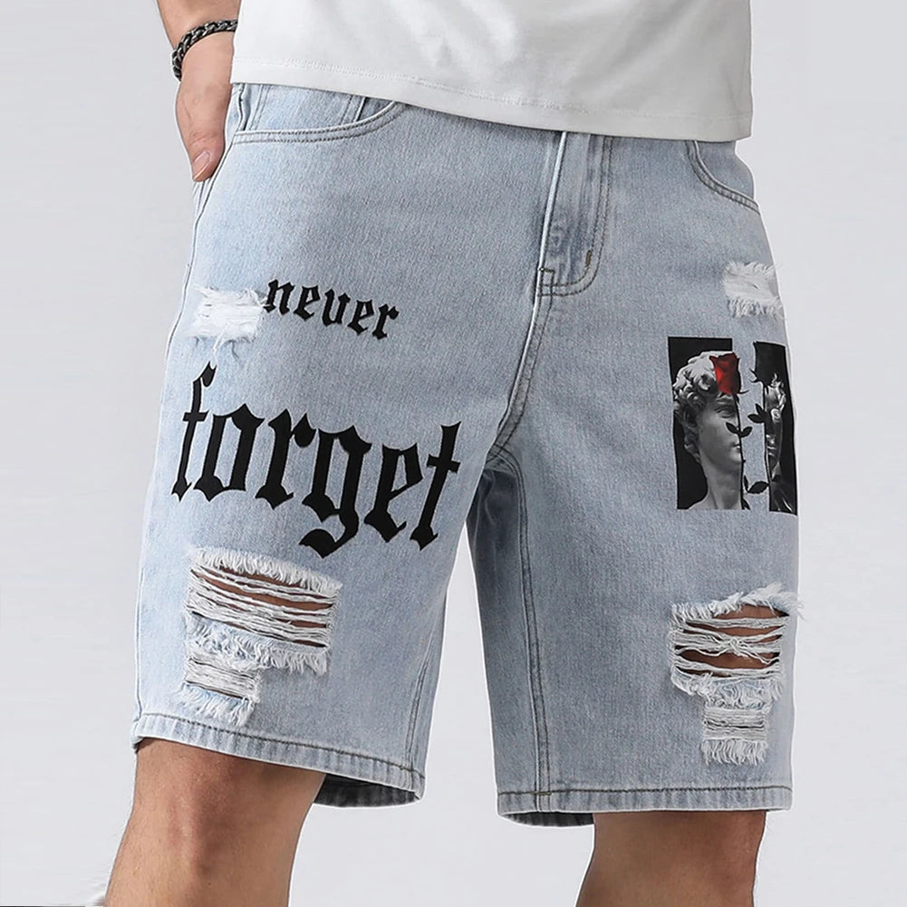 Men Summer Fashion Denim Shorts Jeans For Men Streetwear Letter Ripped Knee Length Baggy Comfort Cargo Casual Shorts Pants Jeans