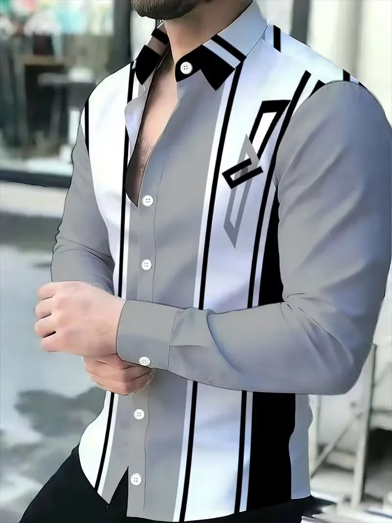 New blue and white geometric wave dynamic printed shirt with trendy technology for men's slim fit long sleeved shirt