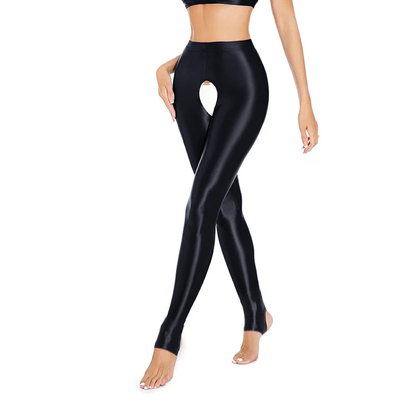 Womens Oil Glossy Open Crotch Leggings Sexy Crotchless Pants Elastic Waistband Stretchy Thigh Skinny Trouser for Yoga Nightwear