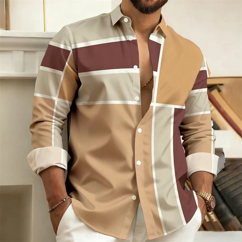 New Men's Color-Block Patchwork Long-Sleeved Shirt, Geometric Striped Casual Business Shirt, Slim-Fit Men's Top, Sizes S-6XL.
