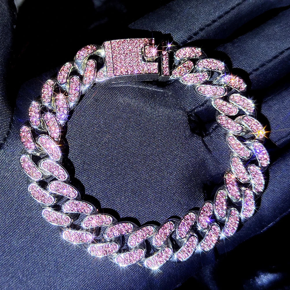 Iced Out Pink Cuban Bracelet Set for Women – 4Pcs Hip Hop Crystal Heart, Circle & Square Gold/Silver Tone Bracelets, Fashion Jewelry Gift