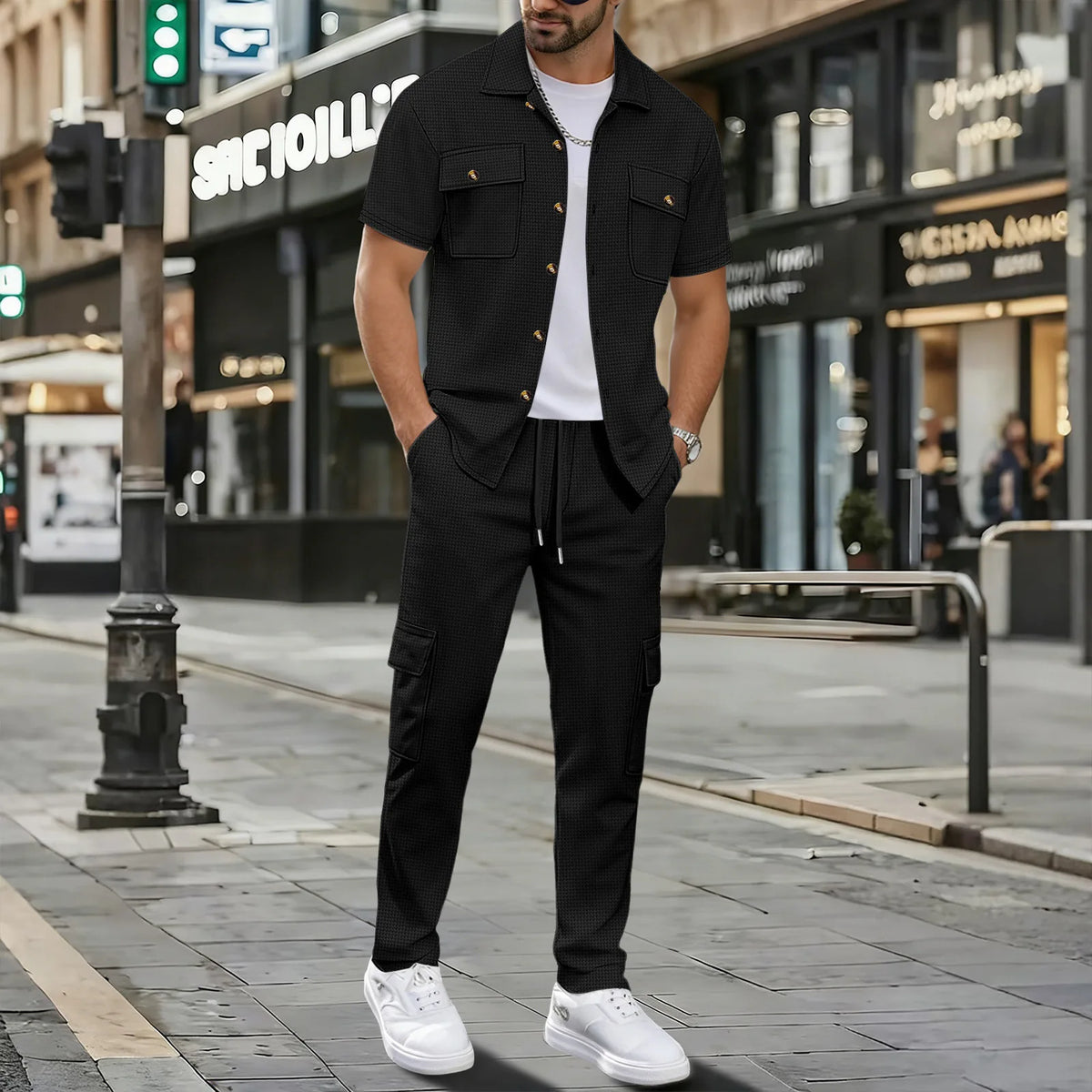 Men's Matching Sets: Waffle Knit 2PC Outfit & Light Coats, Short Sleeve Cargo Shirt & Drawstring Multi-Pkt Pants for Daily