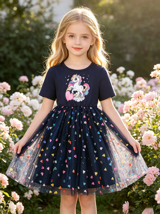 Girls Navy Unicorn Heart Sequin Tulle Dress