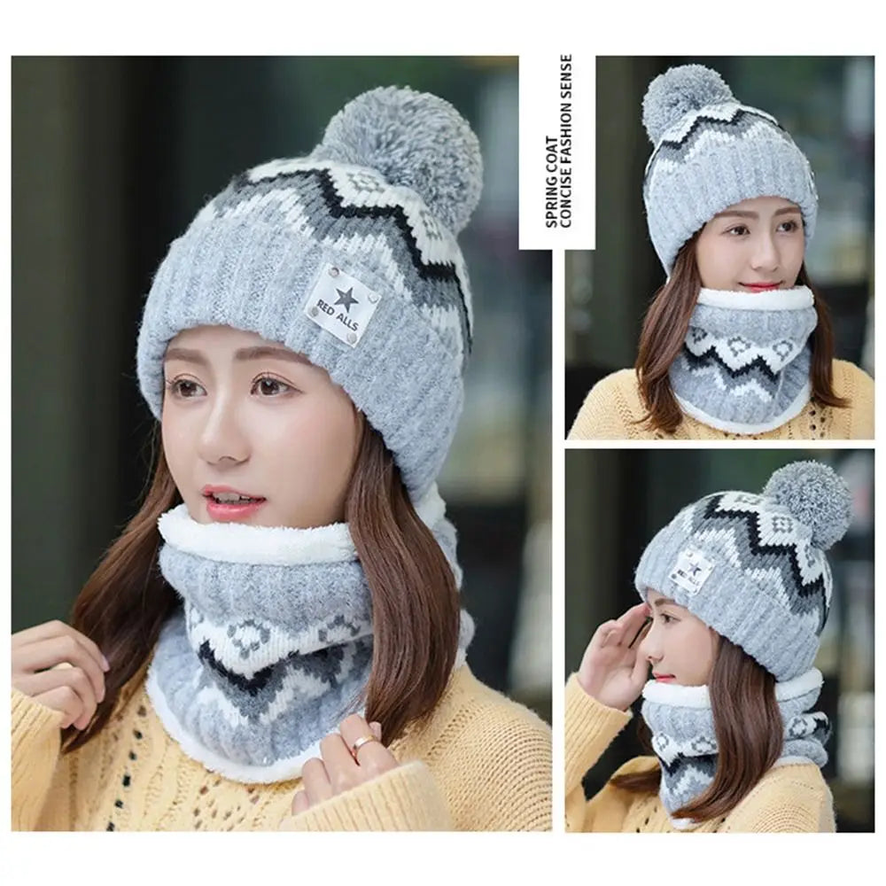 2PCS Winter Women Plush Velvet Hats Neck Warmer Hat Scarf Set Beanies Cycling Windproof Hat Outdoor Ear Protection Outdoor