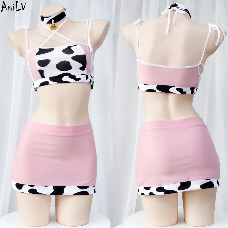 Women’s Kawaii Cow Maid Swimsuit Cosplay Set