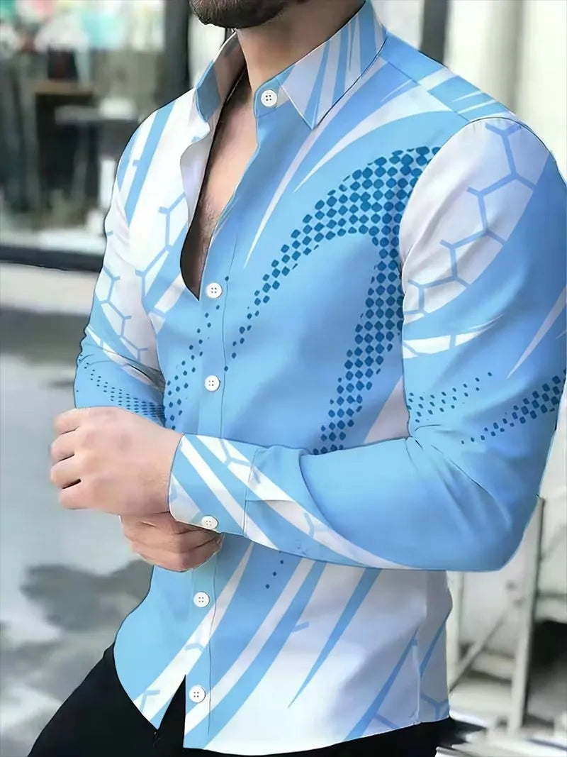 New blue and white geometric wave dynamic printed shirt with trendy technology for men's slim fit long sleeved shirt