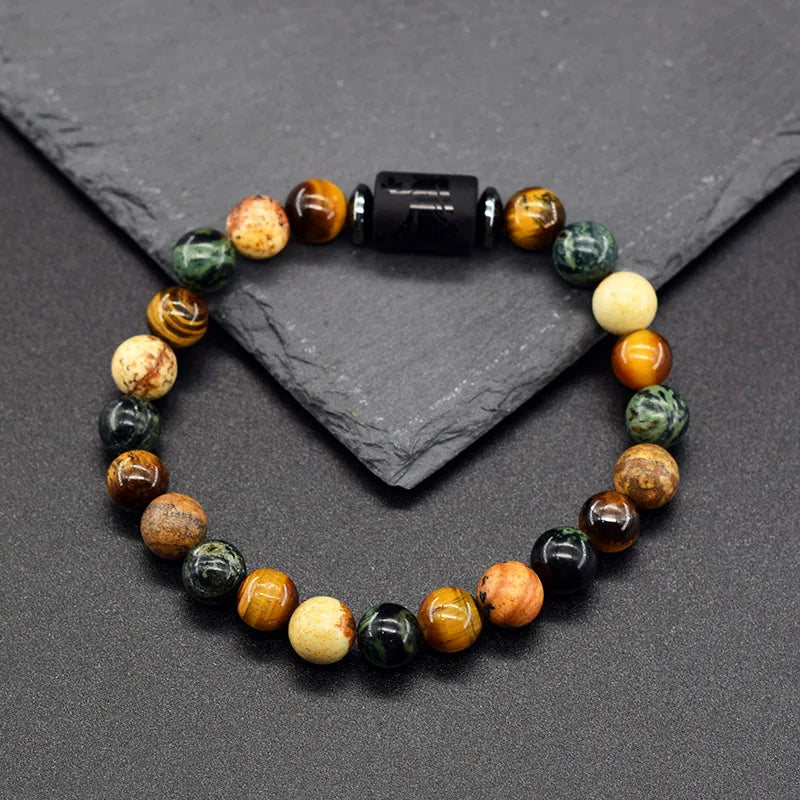 12 Zodiac Constellation Signs Bracelet for Men & Women – Natural Tiger Eye Stone Beaded Bracelet, Leo Taurus Charm Couple Jewelry