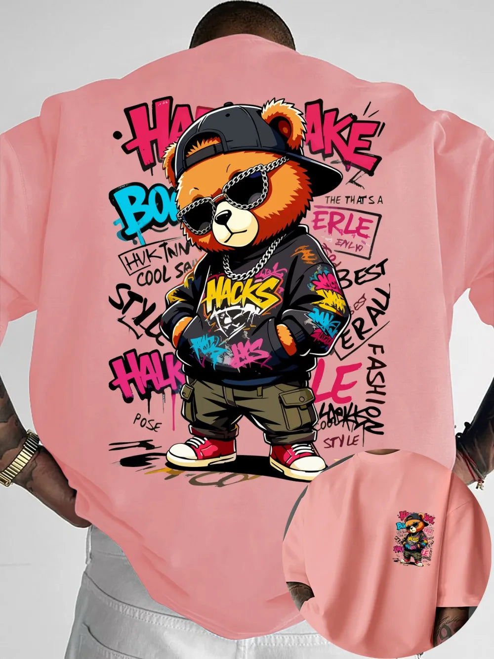 European and American Men's Summer Teddy Bear Graffiti Print Comfortable and Breathable Round Neck T-Shirt Outdoor Street Top