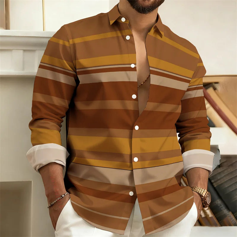 Men's Striped Long-Sleeved Shirt, Outdoor Street Style Casual Shirt for Men, Fashionable Lapel Men's Top, Comfortable Fabric.