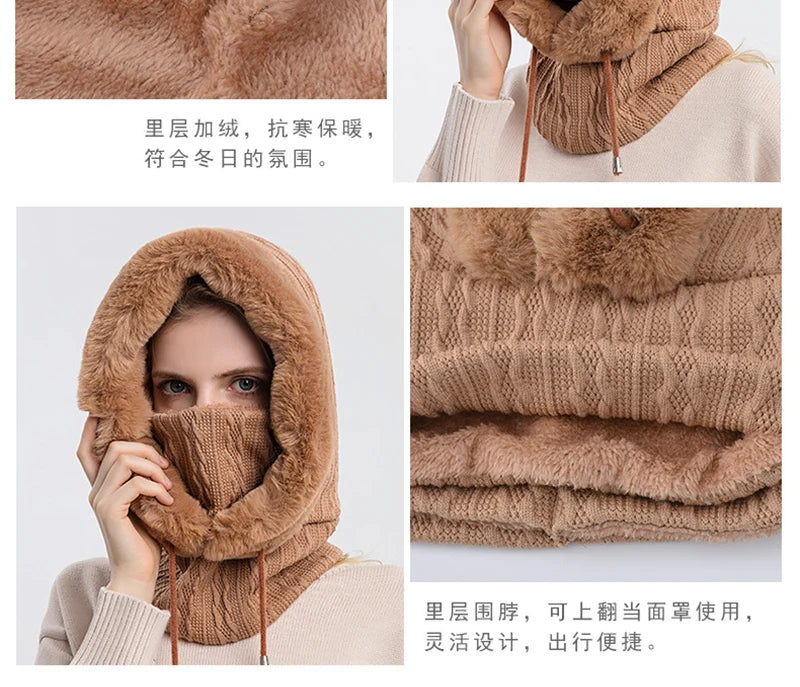 Winter Hat For Women Hooded Face Mask Fluff Keep Warm Thicken Style Neck Scarf Hooded Cap Beanie Knitted Cashmere Neck Warmer