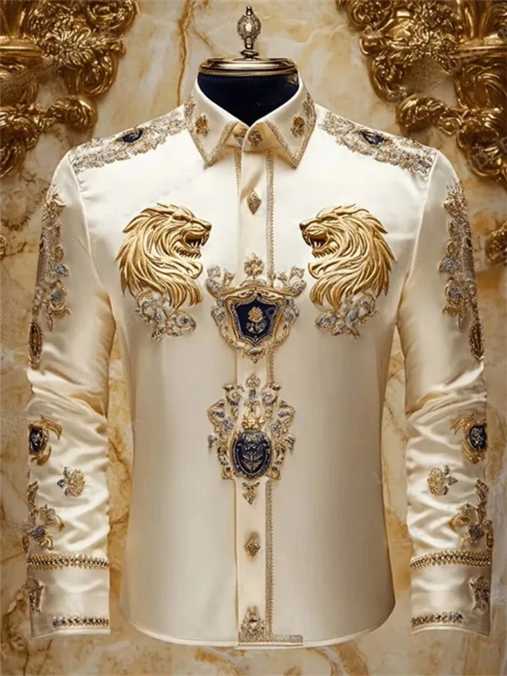 Men Luxury Western Lion Long Sleeve Button Up Shirt Floral Gold 3d Print Hawaiian Shirt Men Women Fashion Design Blouse Slim New