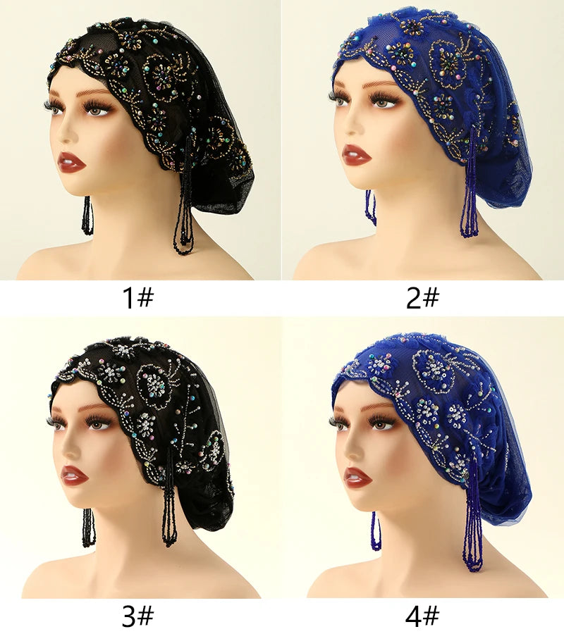 Women’s Luxury Pearl Embroidered Mesh Hijab Cap