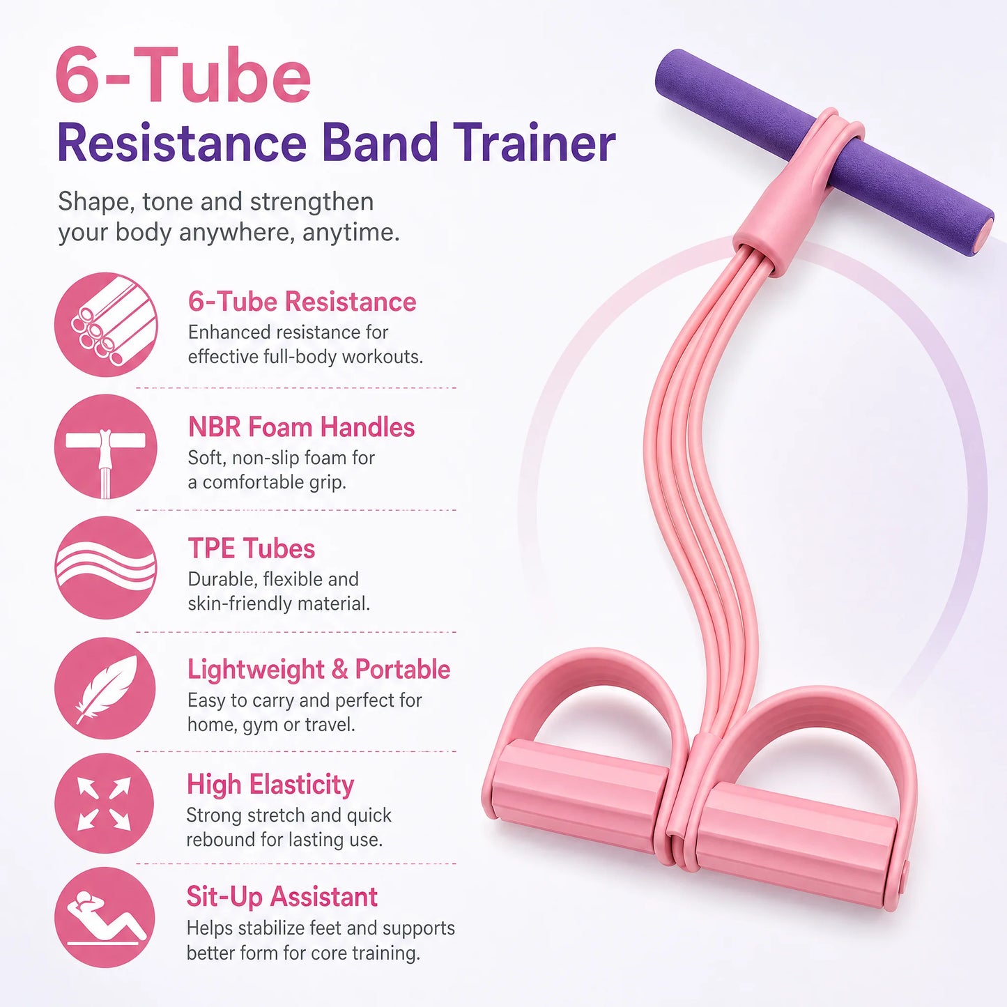 6-Tube Resistance Band Pedal Trainer – Sit-Up Assistant & Elastic Pull Rope for Full Body Home Gym, Leg, Arm & Waist Workouts