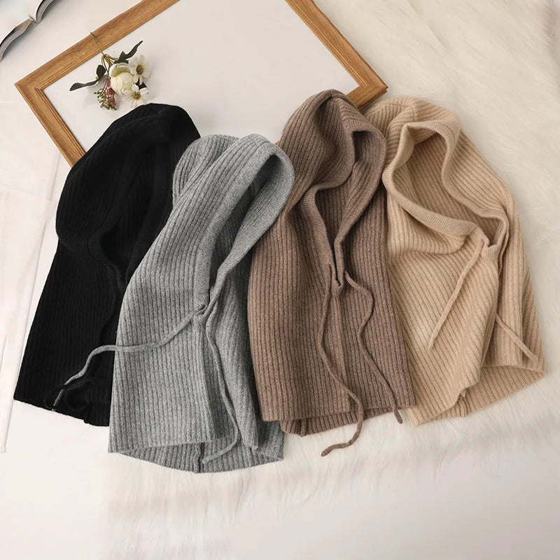 Knitted Hooded Scarf Hat Knit Balaclava Korean Outdoor Style Warm Hooded Scarf with Adjustable Drawstring