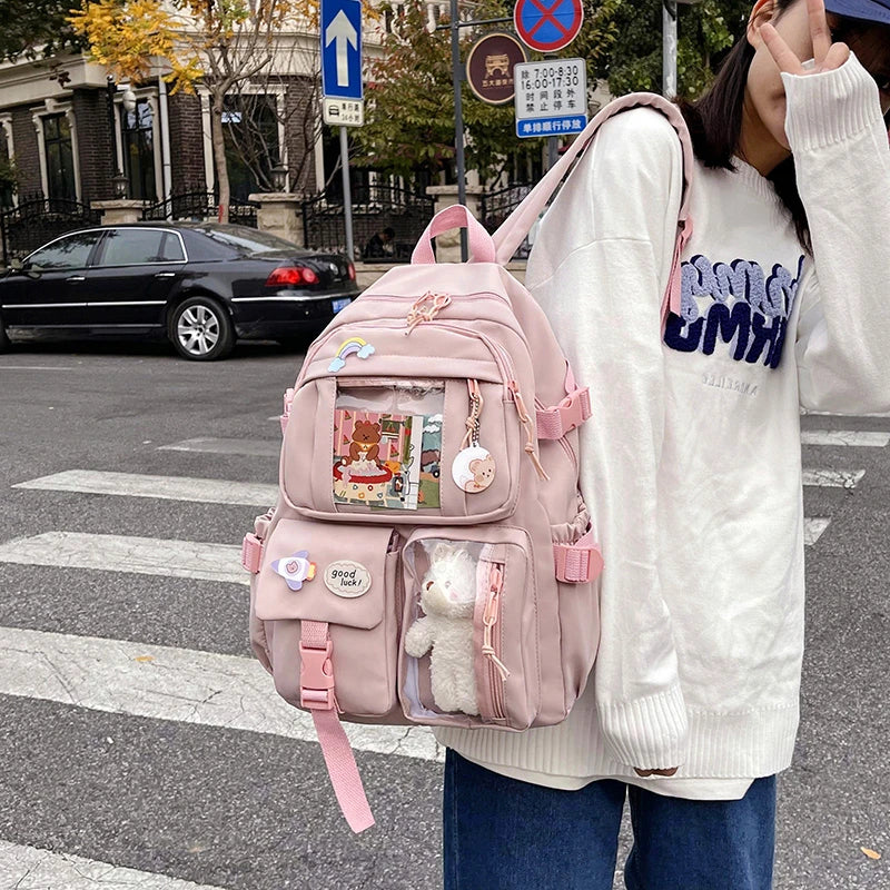 Cute Women’s Waterproof Nylon Backpack – Multi-Pocket Kawaii School Bag, Laptop & Book Pack for Girls, Stylish Student Travel Backpack