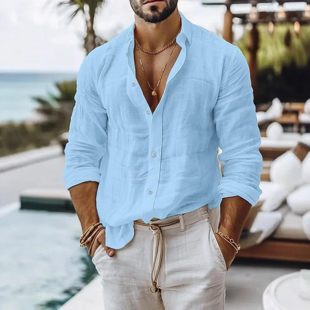 Men's Lightweight Cotton Linen Button-Down Beach Shirt