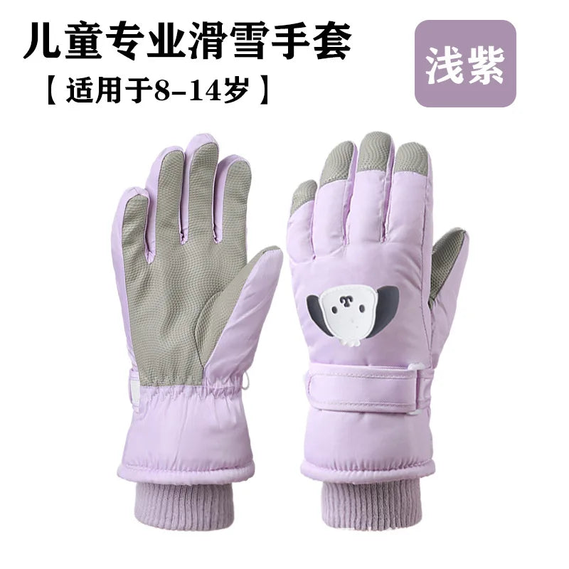 Kids Ski Gloves Boys Girls Winter Warm Fleece Lined Cotton Padded Thickened Anti-Slip Cute Snow Play Water Resistant Snowboard