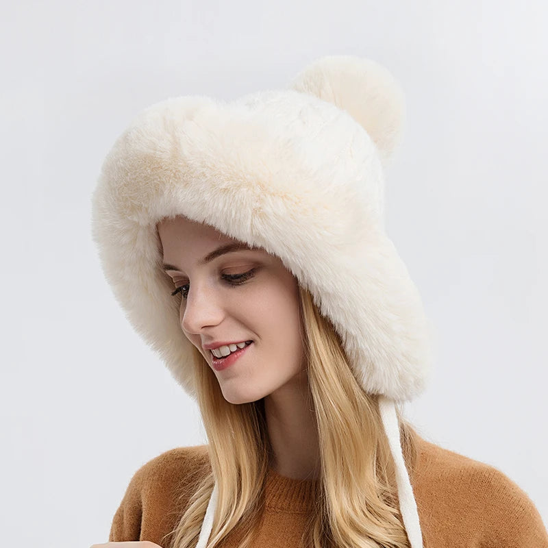 Winter Fluffy Fur Kintted Cap for Women Russian Lady Soft Warm Ear Protection Hats Female Outdoor Plush Coldproof Ball Beanies