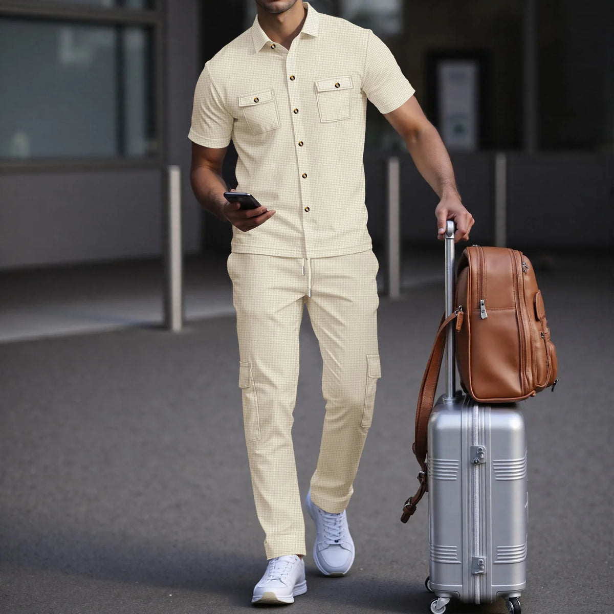 Men's Matching Sets: Waffle Knit 2PC Outfit & Light Coats, Short Sleeve Cargo Shirt & Drawstring Multi-Pkt Pants for Daily
