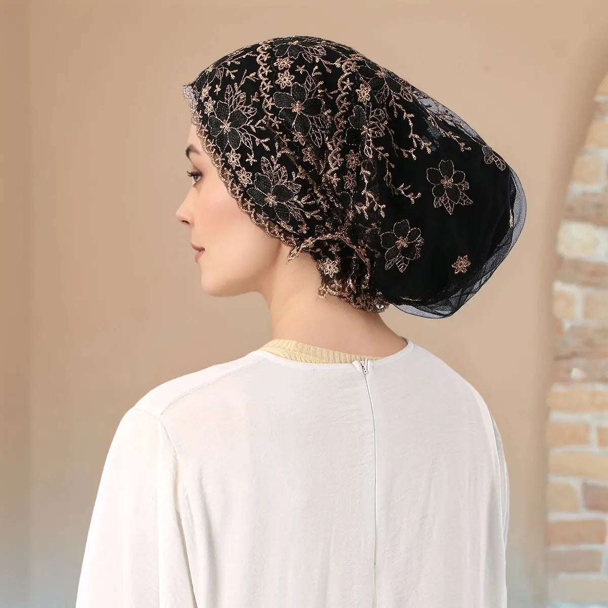 Women’s Luxury Pearl Embroidered Mesh Hijab Cap