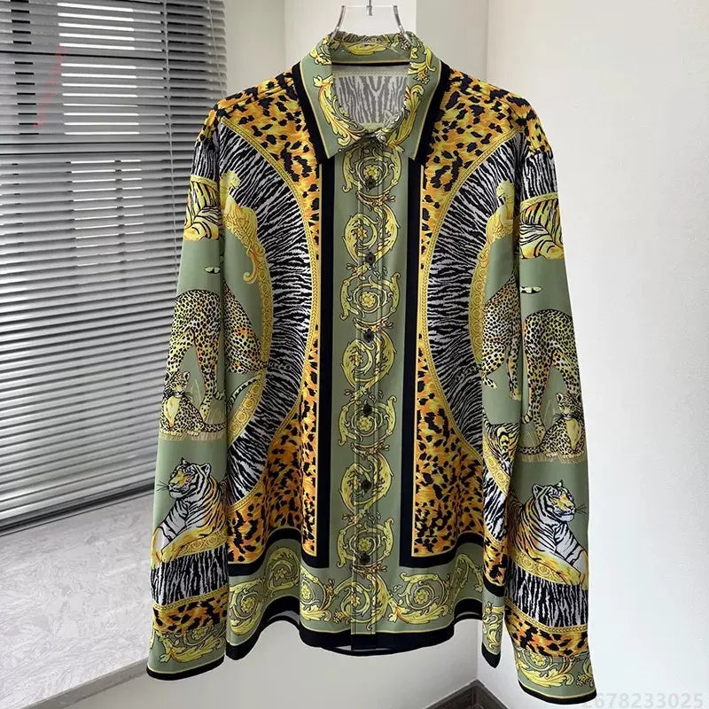 Men's shirt retro Baroque animal print shirt casual loose long sleeved shirt light luxury design sense men's top XS-6XL size