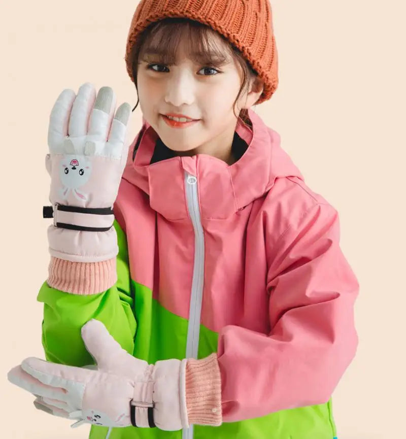 Winter Ski Gloves for Children Windproof Thickened Five-Finger Gloves Cartoon Printed Boys Girls Snow Warm Accessories 4-12Years