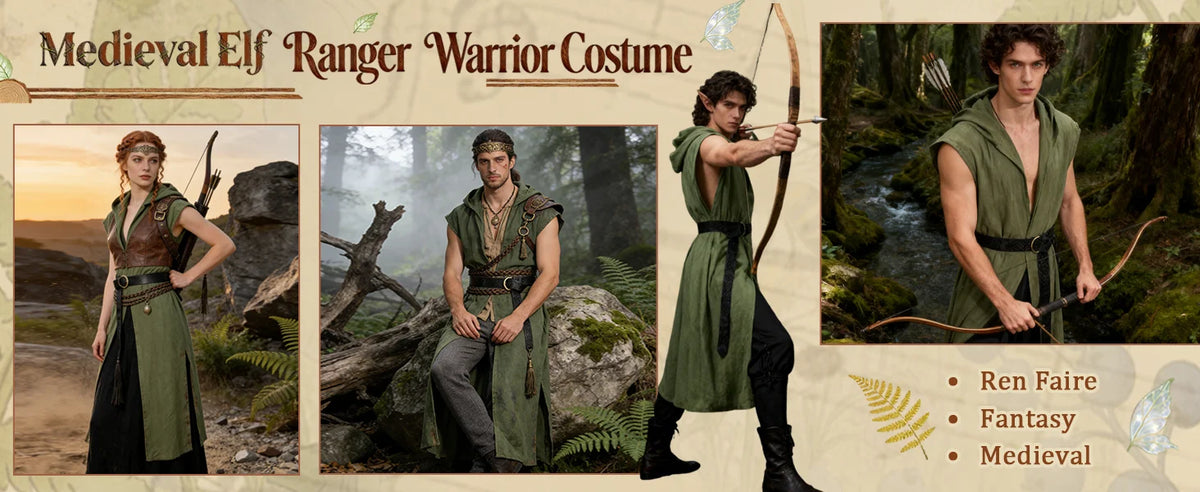 Verceco Men’s Renaissance Costume Set – Medieval/Renaissance Costume for Men with Hooded Surcoat Leather Belt & Bracers
