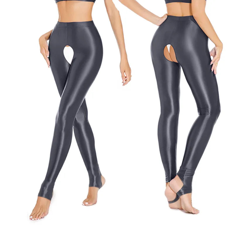 Womens Oil Glossy Open Crotch Leggings Sexy Crotchless Pants Elastic Waistband Stretchy Thigh Skinny Trouser for Yoga Nightwear