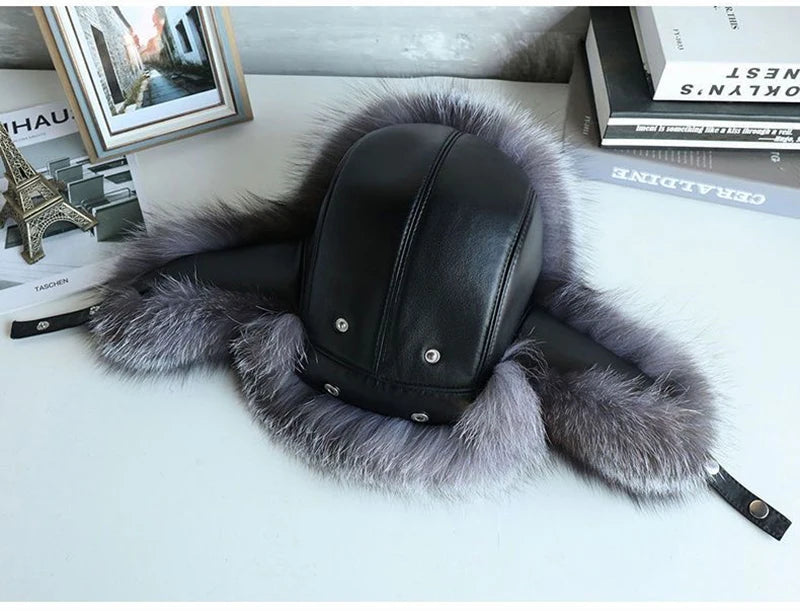 Natural Raccoon Fur Hat Women Black Fox Fur Russian Ushanka Hats Winter Warm Ears Bomber Cap