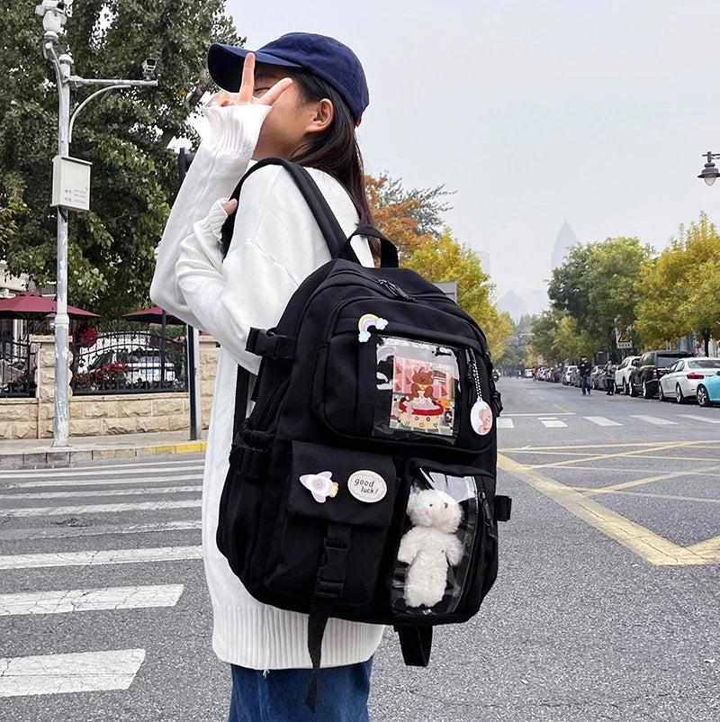Cute Women’s Waterproof Nylon Backpack – Multi-Pocket Kawaii School Bag, Laptop & Book Pack for Girls, Stylish Student Travel Backpack