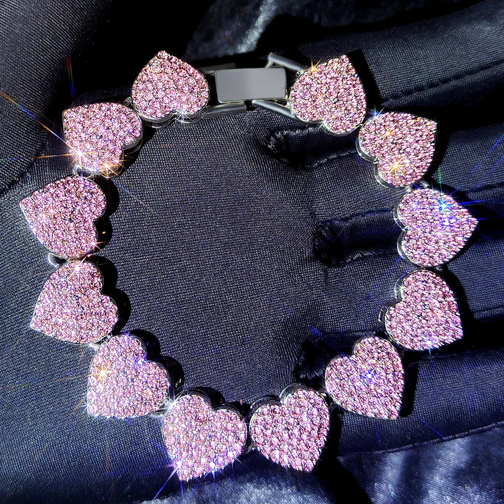 Iced Out Pink Cuban Bracelet Set for Women – 4Pcs Hip Hop Crystal Heart, Circle & Square Gold/Silver Tone Bracelets, Fashion Jewelry Gift