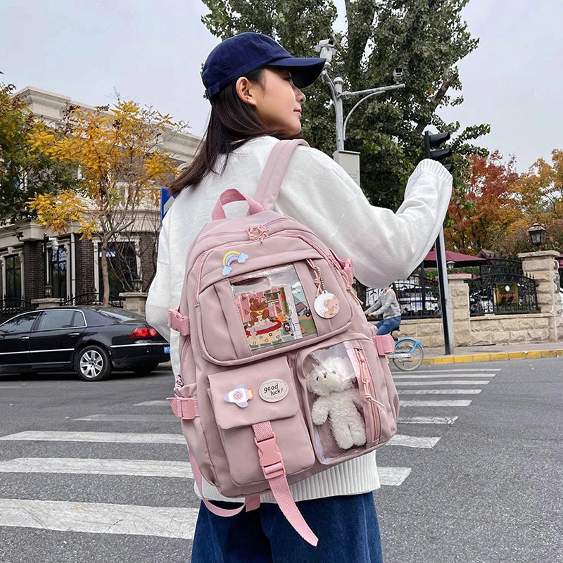 Cute Women’s Waterproof Nylon Backpack – Multi-Pocket Kawaii School Bag, Laptop & Book Pack for Girls, Stylish Student Travel Backpack
