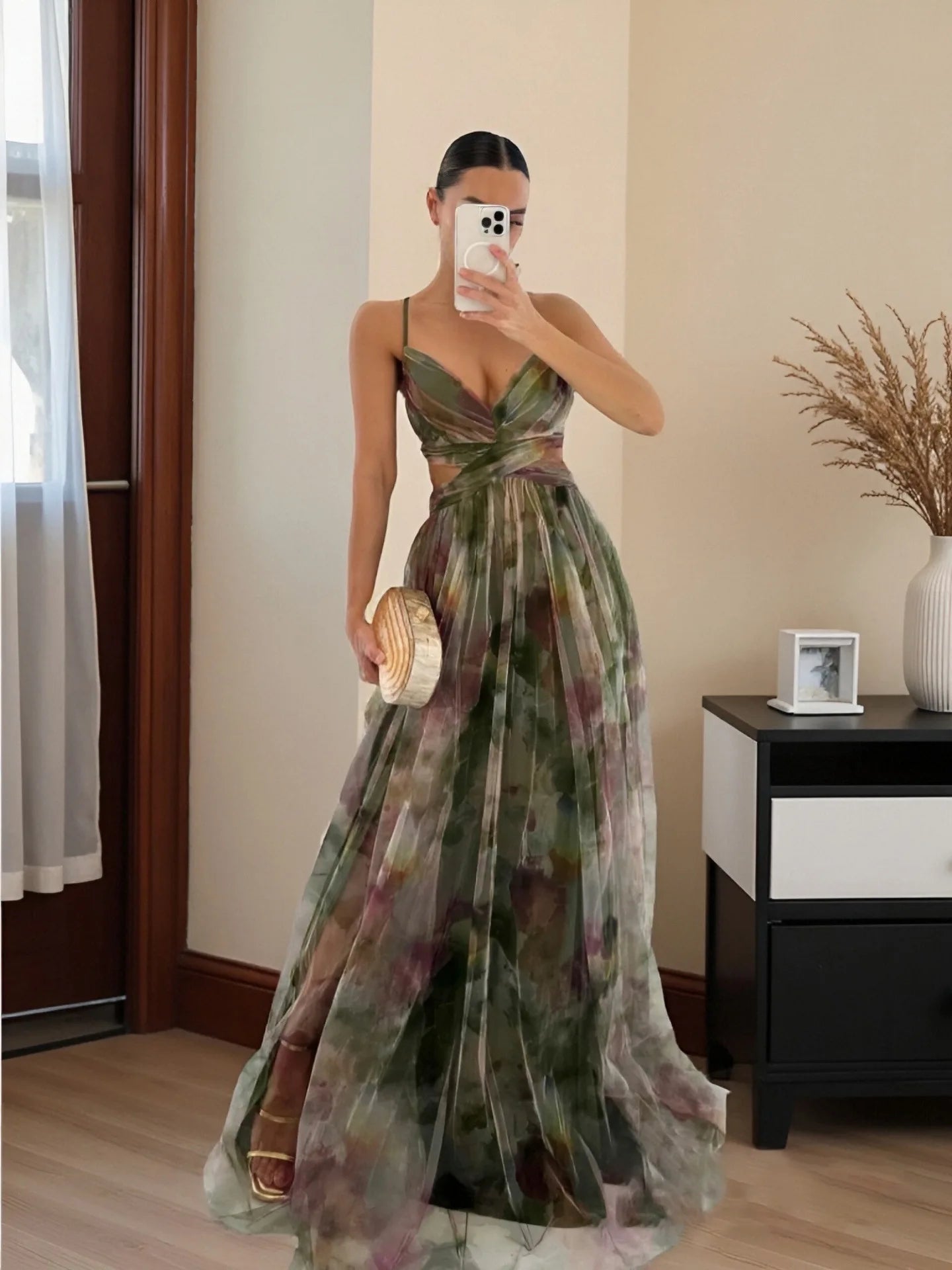 Women’s Elegant Printed Backless Maxi Dress