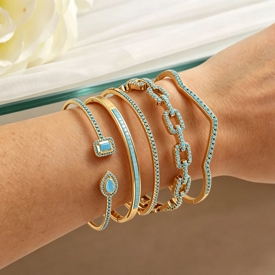 ZAKOL 5PCS Niche Blue Turquoise Zircon Stackable Bracelets for Women – Exquisite Elegant Wedding & Party Jewelry Gift Set