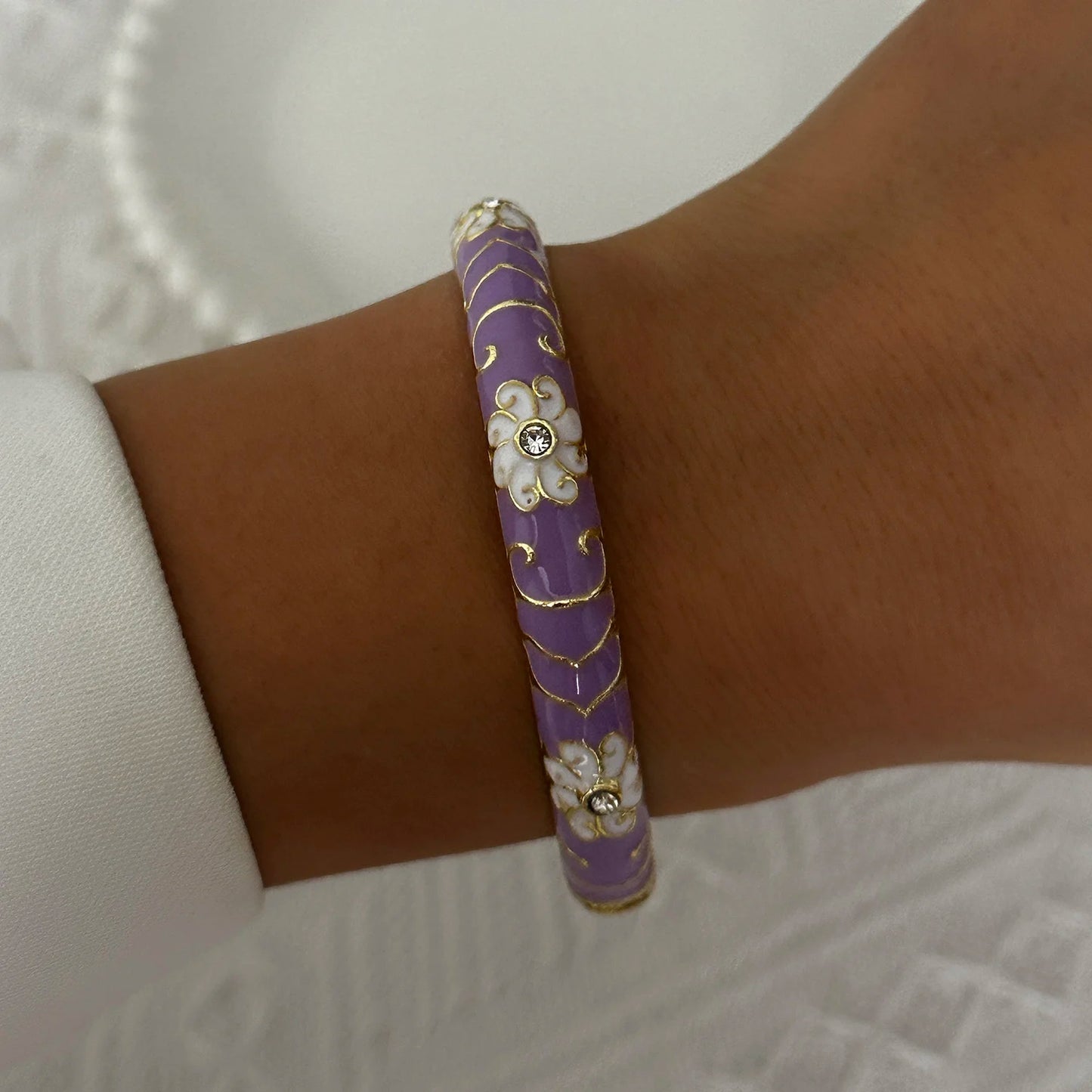 Elegant Enamel Flower Bracelet for Women – Retro Gold-Plated Evil Eye Floral Zircon Bangle, Vintage Party Jewelry