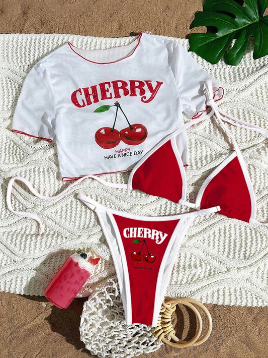 Women’s Cherry Print 3-Piece Bikini Set