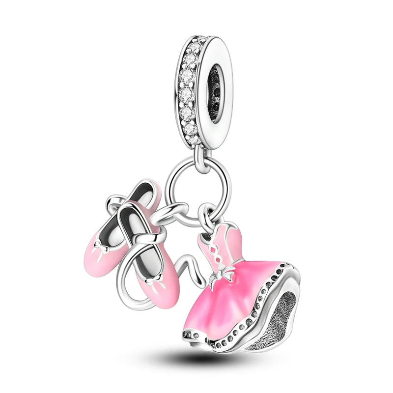 925 Sterling Silver Pink Ballet Girl Bow Pendant Charm Bead for Women – Elegant DIY Jewelry Making Charm for Bracelets & Necklaces