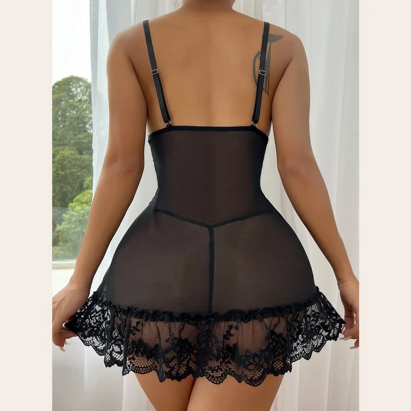 Sexy Sleepwear Deep-V Night Dress Women Nightgown Lace See-Through Nightie Lingerie Sleeveless Mini Dress Exotic Nightdress