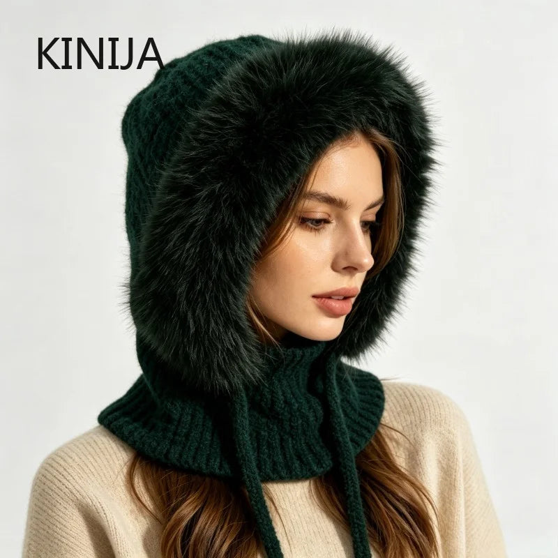 New Balaclava Women's Winter Wool Knitted Hat Ski Windproof Hat Thick Plush Fluffy Beanies Hood Pullover Hats for Riding Outdoor