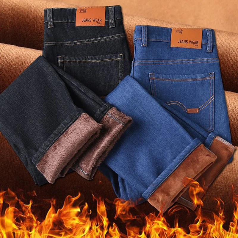 Men Winter Snow Warm Plush  Loose Minimalist Jeans Male Fleece Lined ThickenedStraight Denim Pants Slim Fit Elasticity Trousers