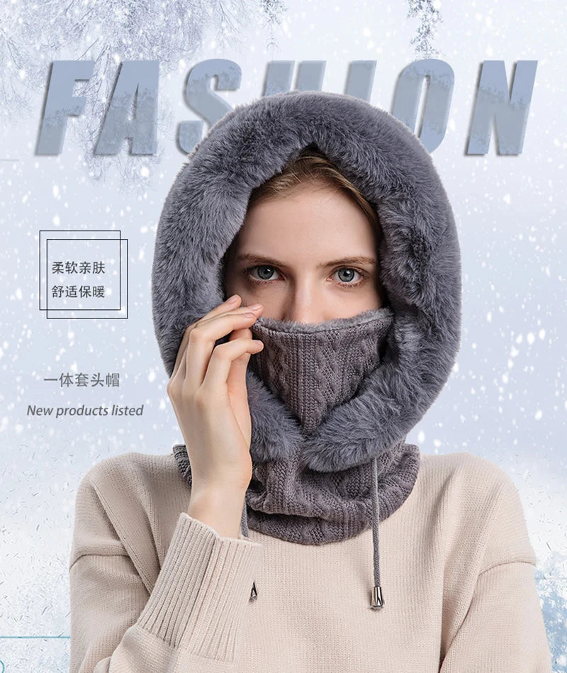 Winter Hat For Women Hooded Face Mask Fluff Keep Warm Thicken Style Neck Scarf Hooded Cap Beanie Knitted Cashmere Neck Warmer