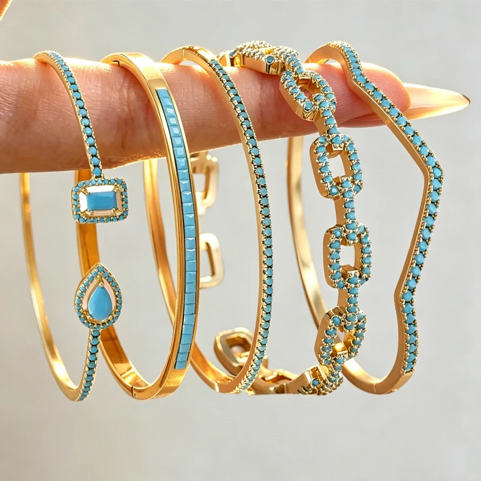 ZAKOL 5PCS Niche Blue Turquoise Zircon Stackable Bracelets for Women – Exquisite Elegant Wedding & Party Jewelry Gift Set