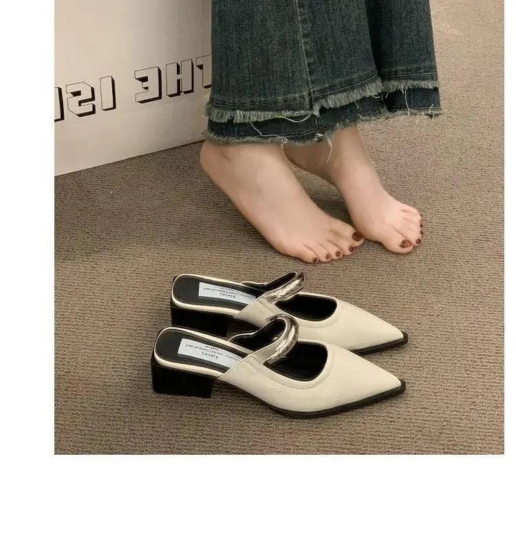 2026 New Women Cover Toe Mules Slippers Fashion Metal Decoration Thick Heel Slide Shoes Comfort Street Style Footwear