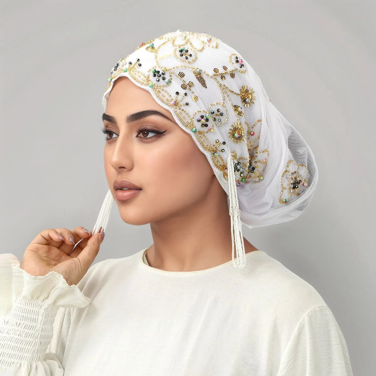 Women’s Luxury Pearl Embroidered Mesh Hijab Cap