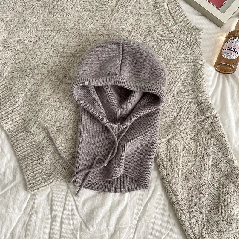 Knitted Hooded Scarf Hat Knit Balaclava Korean Outdoor Style Warm Hooded Scarf with Adjustable Drawstring