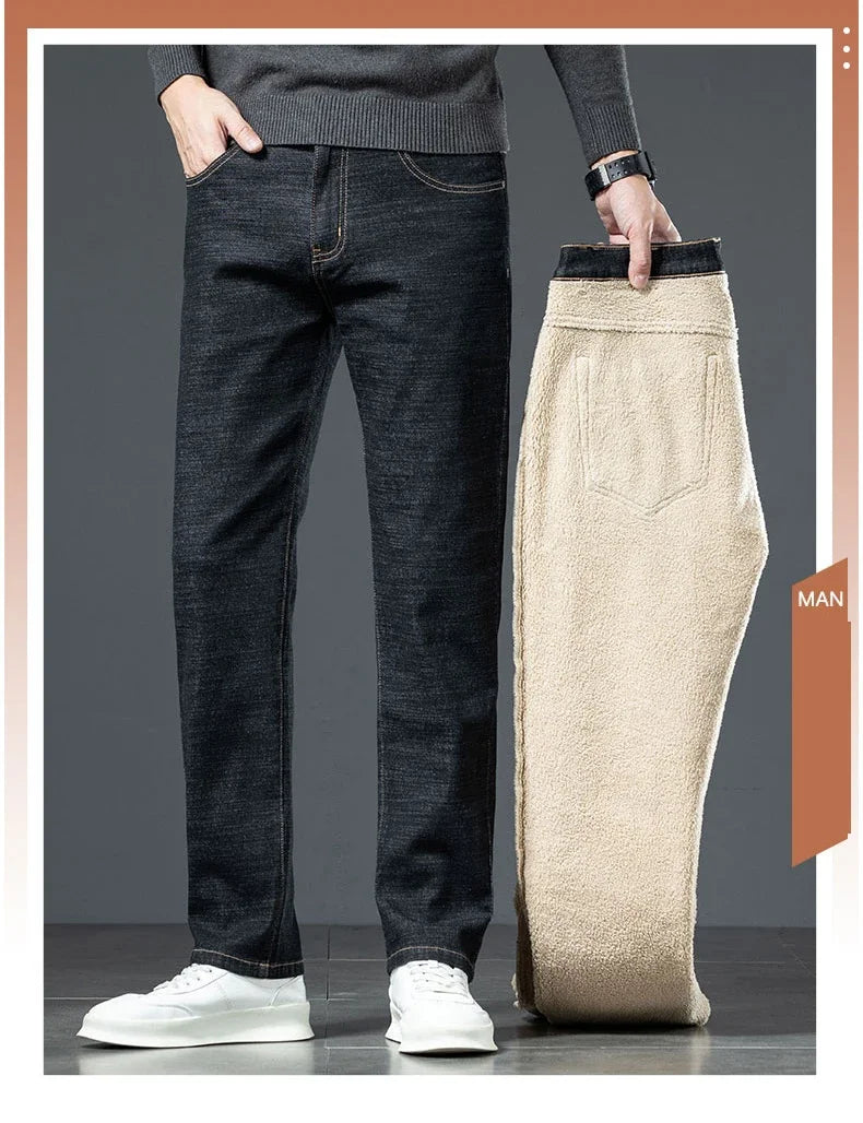 Plus Size 44 46 Casual Sherpa Warm Jeans Men Winter Velvet Thick Trousers Loose Straight Business Classic Fleece Denim Pants