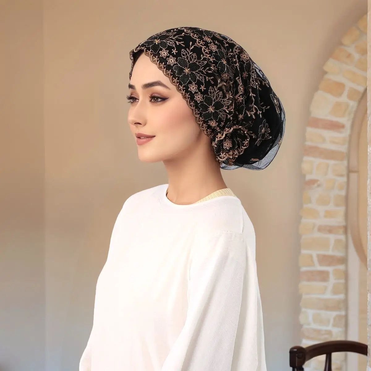 Women’s Luxury Pearl Embroidered Mesh Hijab Cap