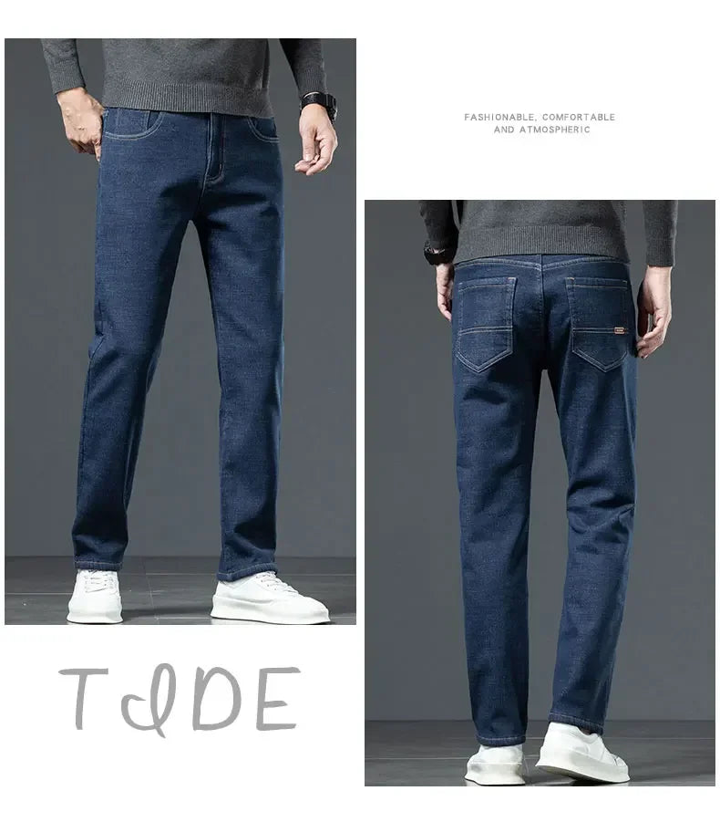 Plus Size 44 46 Casual Sherpa Warm Jeans Men Winter Velvet Thick Trousers Loose Straight Business Classic Fleece Denim Pants